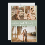 Elegant Chic Green 3 Photo Collage Wedding Th Bedankkaart<br><div class="desc">Moderne, elegante "Love and Bedankt" Script Sage Green Wedding 3 Foto Collage Hartelijk dank. Stijlvolle, chic bruiloft bedankt je sjabloon met drie (3) foto op de voorkant en één (1) foto op de achterkant. Met het tekst "Love and bedankt"-script in een draaiend handgeschreven lettertype met lettertype, met de letters swash-tail...</div>