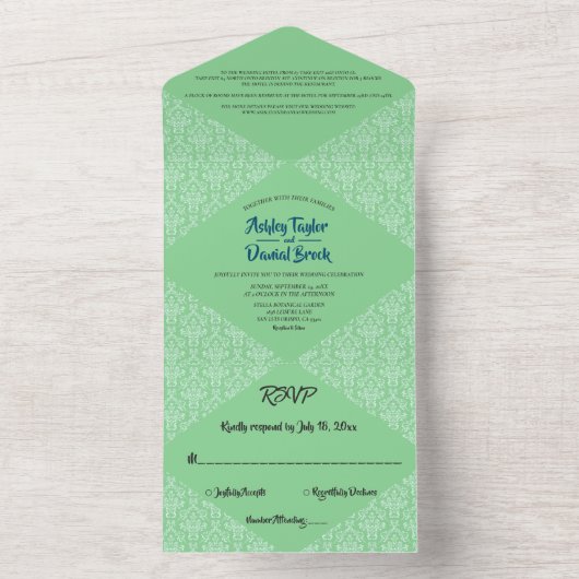 Elegant Chic Green Art Deco Damask Classic Wedding All In One Uitnodiging (Binnen)