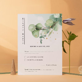 Elegant Chic Green Eucalyptus Wedding Gold accents RSVP Kaartje
