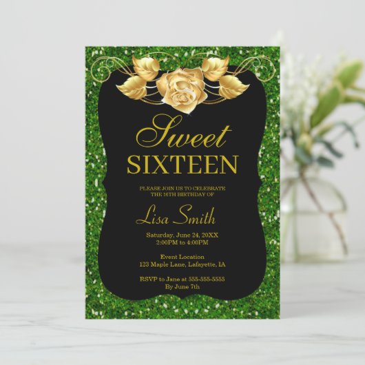 Elegant Chic Green Glitter Gold Roos Sweet 16 Kaart (Staand voorkant)