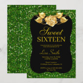 Elegant Chic Green Glitter Gold Roos Sweet 16 Kaart (Voorkant / Achterkant)