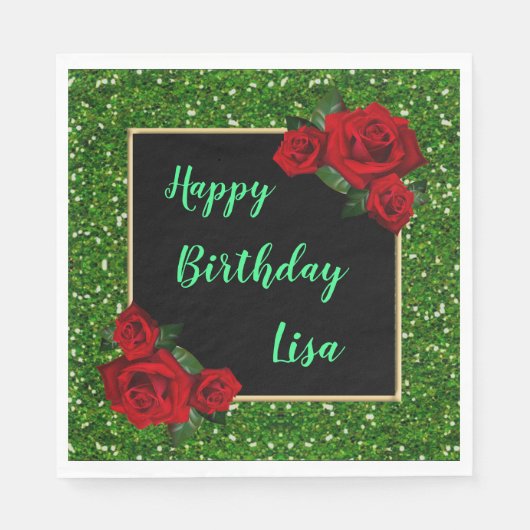 Elegant Chic Green Glitter Red Roses Birthday Servet (Voorkant)