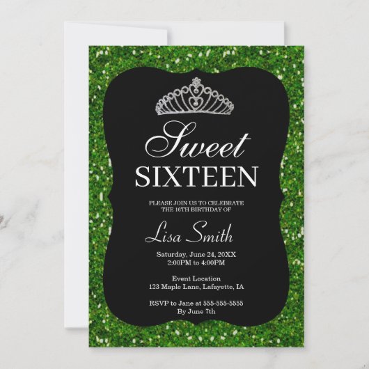 Elegant Chic Green Glitter Tiara Sweet 16 Kaart (Voorkant)