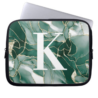 Elegant Chic Green Gold Marble Agate Monogram Laptop Sleeve