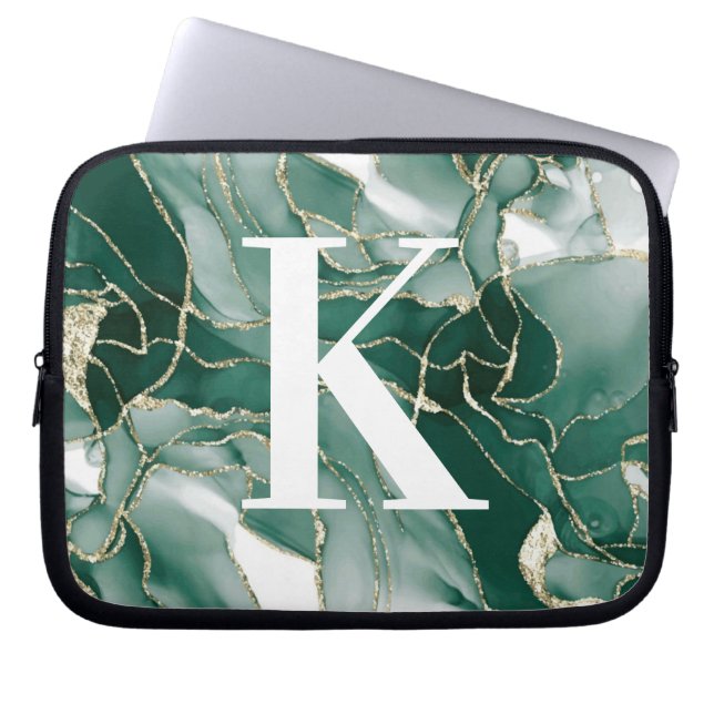 Elegant Chic Green Gold Marble Agate Monogram Laptop Sleeve (Voorkant)