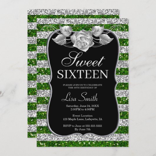 Elegant Chic Green Silver Glitter Roos Sweet 16 Kaart (Voorkant / Achterkant)
