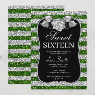 Elegant Chic Green Silver Glitter Roos Sweet 16 Kaart