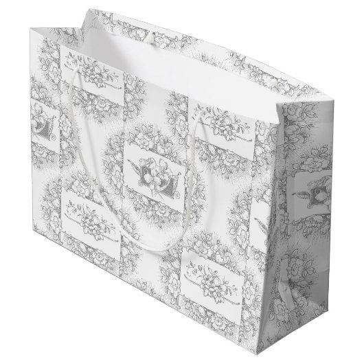 Elegant Chic Grey and White Engraved Floral Groot Cadeauzakje (Achterkant Gekanteld)