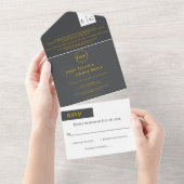 Elegant Chic Grey Gold Monogram Modern Wedding All In One Uitnodiging (Afscheurbaar)