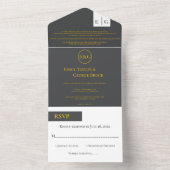 Elegant Chic Grey Gold Monogram Modern Wedding All In One Uitnodiging (Binnen)