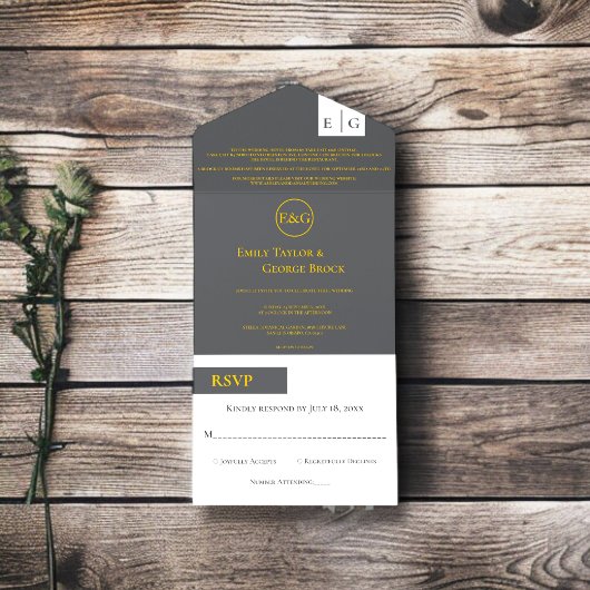 Elegant Chic Grey Gold Monogram Modern Wedding All In One Uitnodiging