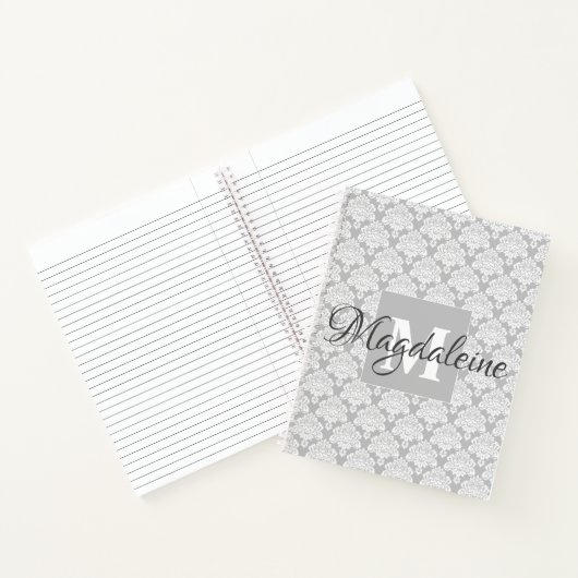 Elegant Chic Grijs & Wit Damast Patroon Spiraal Notitieboek (Binnen)