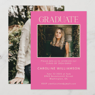Elegant Chic Hot Pink Two Photo Graduparty Kaart