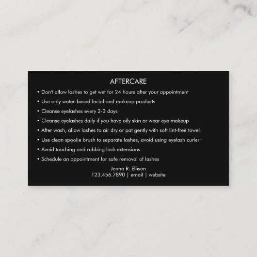 Elegant Chic Lash Aftercare Instruction Card Visitekaartje (Achterkant)