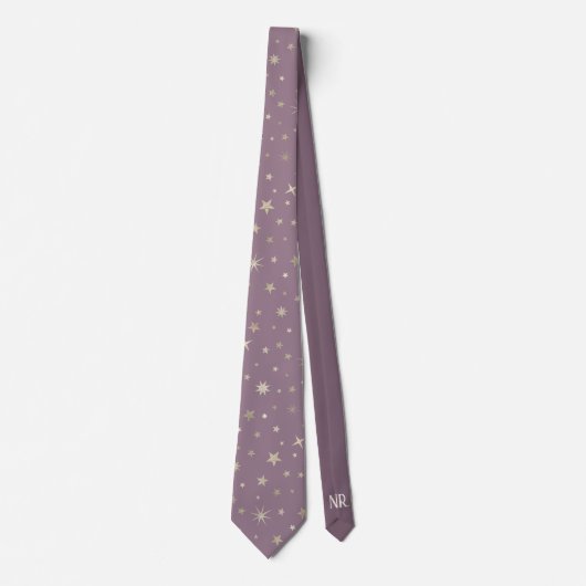 Elegant Chic Lavender Paarse Silver Stars Monogram Stropdas (Voorkant)