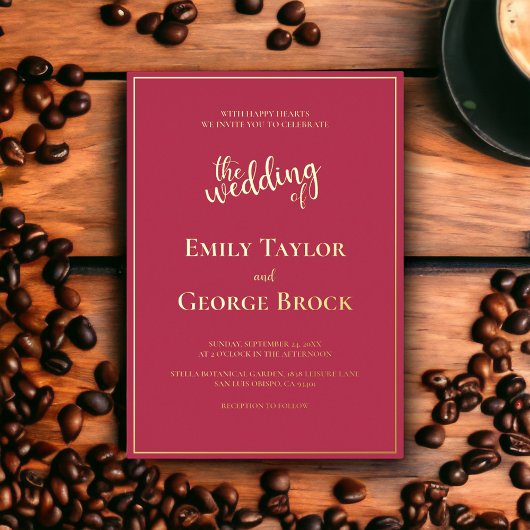 Elegant Chic Luxury Magenta Gold Framed Wedding Folie Uitnodiging