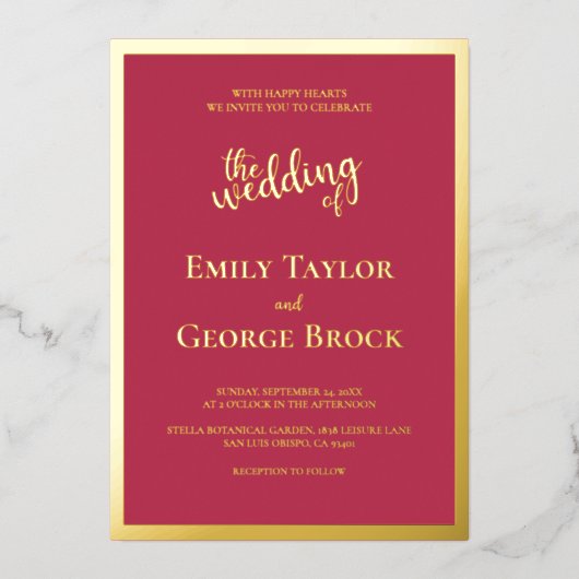 Elegant Chic Luxury Magenta Gold Lijst Wedding Folie Uitnodiging (Voorkant)