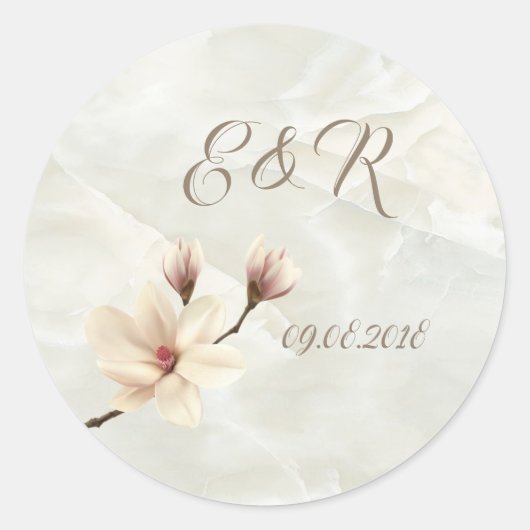 Elegant Chic Magnolia, marmer Wedding Ronde Sticker (Voorkant)