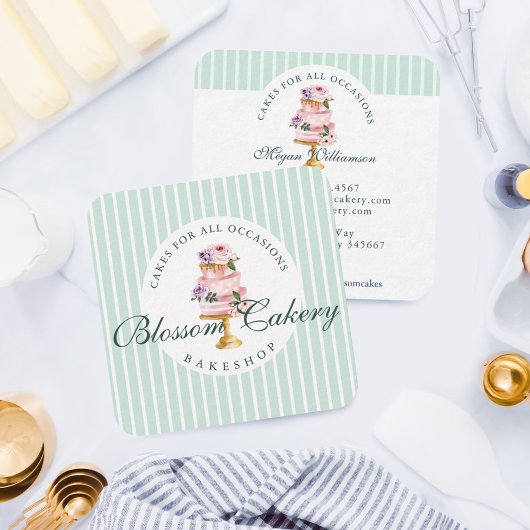 Elegant & Chic Mint Waterverf Floral Cake Bakery Vierkante Visitekaartje