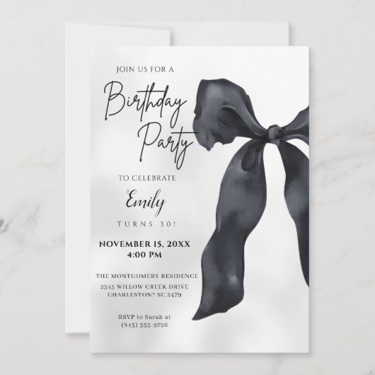 Elegant Chic Modern Black Bow Birthday Invitation Kaart (Voorkant)