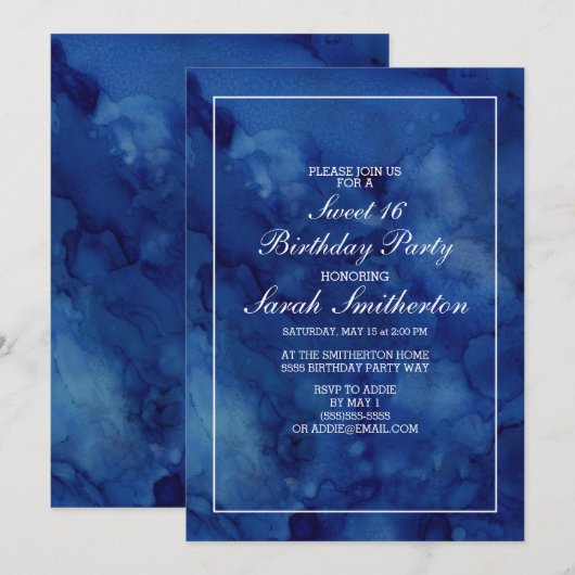 Elegant Chic Modern Navy Blue Waterverf Sweet 16 Kaart (Voorkant / Achterkant)