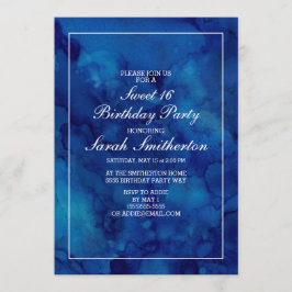 Elegant Chic Modern Navy Blue Waterverf Sweet 16 Kaart