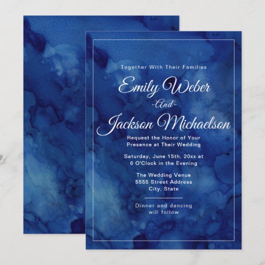 Elegant Chic Modern Navy Blue Waterverf Wedding Kaart (Voorkant / Achterkant)