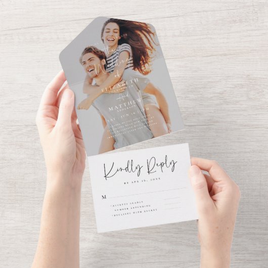 Elegant Chic Modern Simple Photo Wedding All In One Uitnodiging (Afscheurbaar)