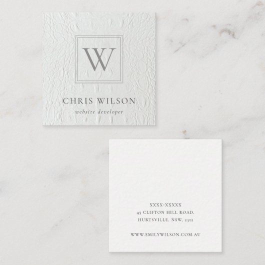 Elegant Chic Monogram Ivory White Leather Texture Vierkante Visitekaartje (Voorkant / Achterkant)