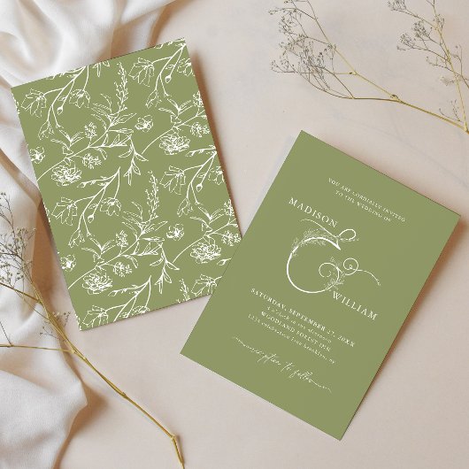 Elegant Chic Moss Groen Bloemen Ampersand Bruiloft Kaart
