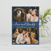 Elegant Chic Navy 3 Foto Collage Wedding Bedankkaart (Staand voorkant)