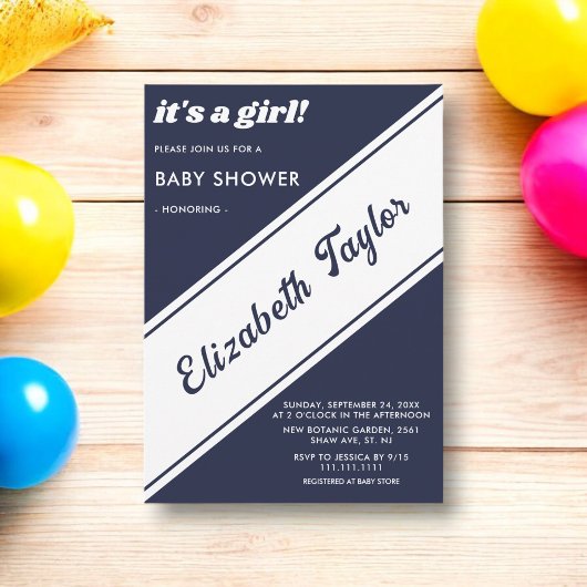 Elegant Chic Navy Blauw Wit Modern Baby shower Kaart