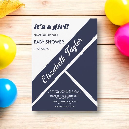 Elegant Chic Navy Blauw Wit Modern Baby shower Kaart