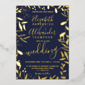 Elegant chic navy blue floral bruiloft folie uitnodiging (Voorkant)