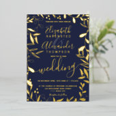 Elegant chic navy blue floral bruiloft folie uitnodiging (Staand Voorkant)