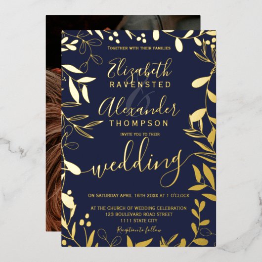 Elegant chic navy blue floral bruiloft folie uitnodiging (Voorkant / Achterkant)