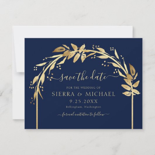 Elegant Chic Navy Blue Gold Foliage Arch Wedding Save The Date (Voorkant)