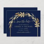 Elegant Chic Navy Blue Gold Foliage Arch Wedding Save The Date (Voorkant / Achterkant)