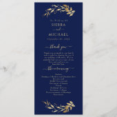 Elegant Chic Navy Blue Gold Foliage Wedding Programmakaart (Voorkant)