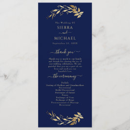 Elegant Chic Navy Blue Gold Foliage Wedding Programmakaart