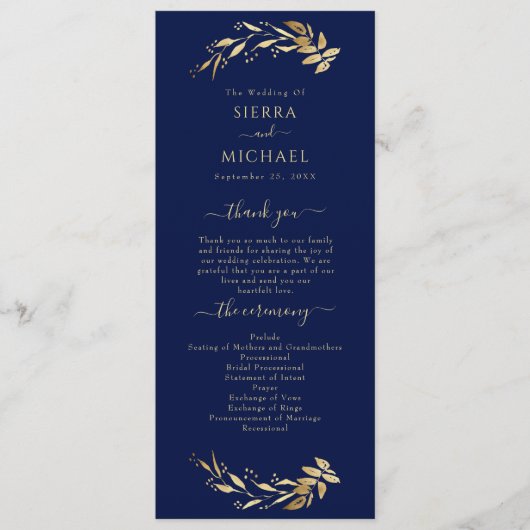 Elegant Chic Navy Blue Gold Foliage Wedding Programmakaart (Voorkant)