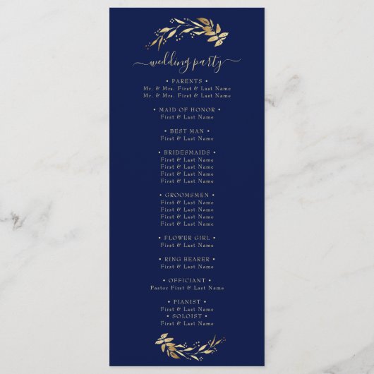 Elegant Chic Navy Blue Gold Foliage Wedding Programmakaart (Achterkant)