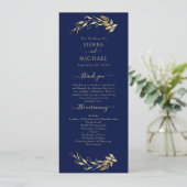 Elegant Chic Navy Blue Gold Foliage Wedding Programmakaart (Staand voorkant)