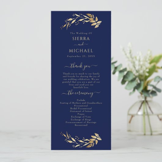 Elegant Chic Navy Blue Gold Foliage Wedding Programmakaart (Staand voorkant)