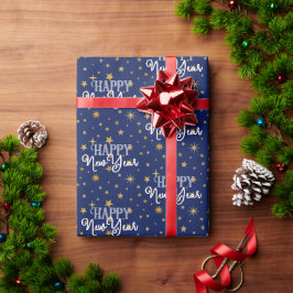 Elegant Chic Navy Blue & Gold Stars Happy Nieuwjaa Cadeaupapier
