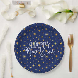 Elegant Chic Navy Blue & Gold Stars Happy Nieuwjaa Papieren Bordje