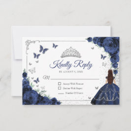 Elegant Chic Navy Blue Silver Quinceanera Reply RSVP Kaartje
