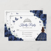 Elegant Chic Navy Blue Silver Quinceanera Reply RSVP Kaartje (Voorkant / Achterkant)