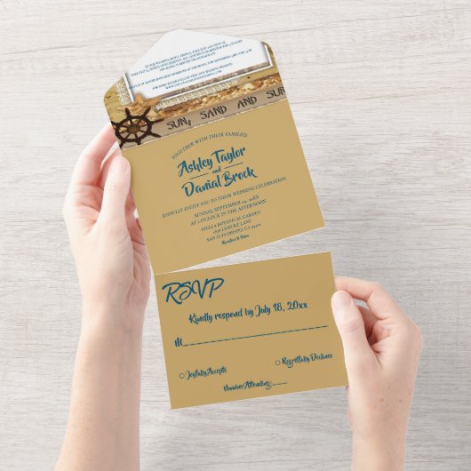 Elegant Chic Navy Coastal Seaside Modern Wedding All In One Uitnodiging (Afscheurbaar)