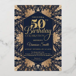 Elegant chic navy en echte gouden folie 50ste verj uitnodiging